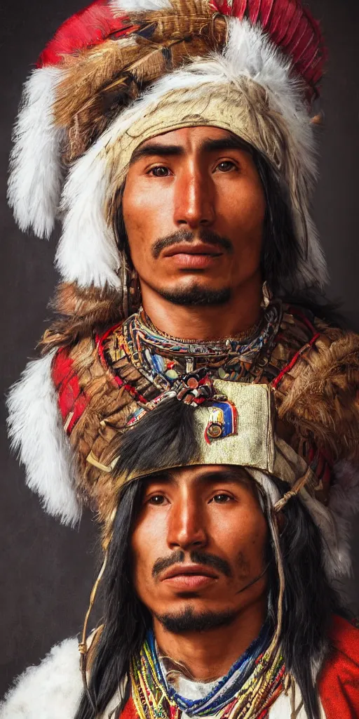 Prompt: portrait of indigenous peruvian man. tupac amaru ii in 1 7 8 1. unreal 5, hyper realistic, realistic, photo realistic, dynamic lighting, highly detailed, cinematic landscape, studio landscape, studio lighting