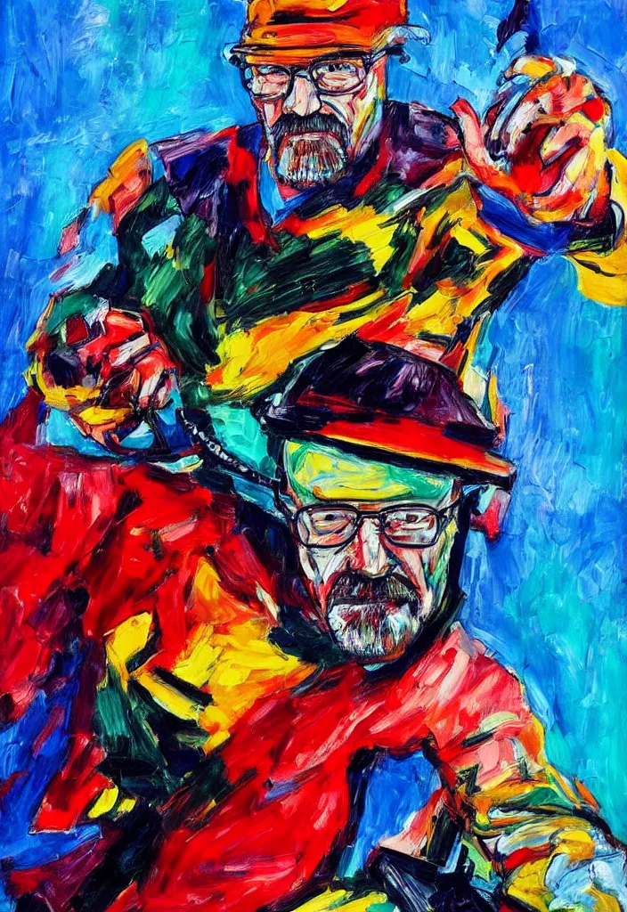 Prompt: expressionist painting of walter white on a motorbike, dynamic perspective, expressionist, colorful, clean, close up