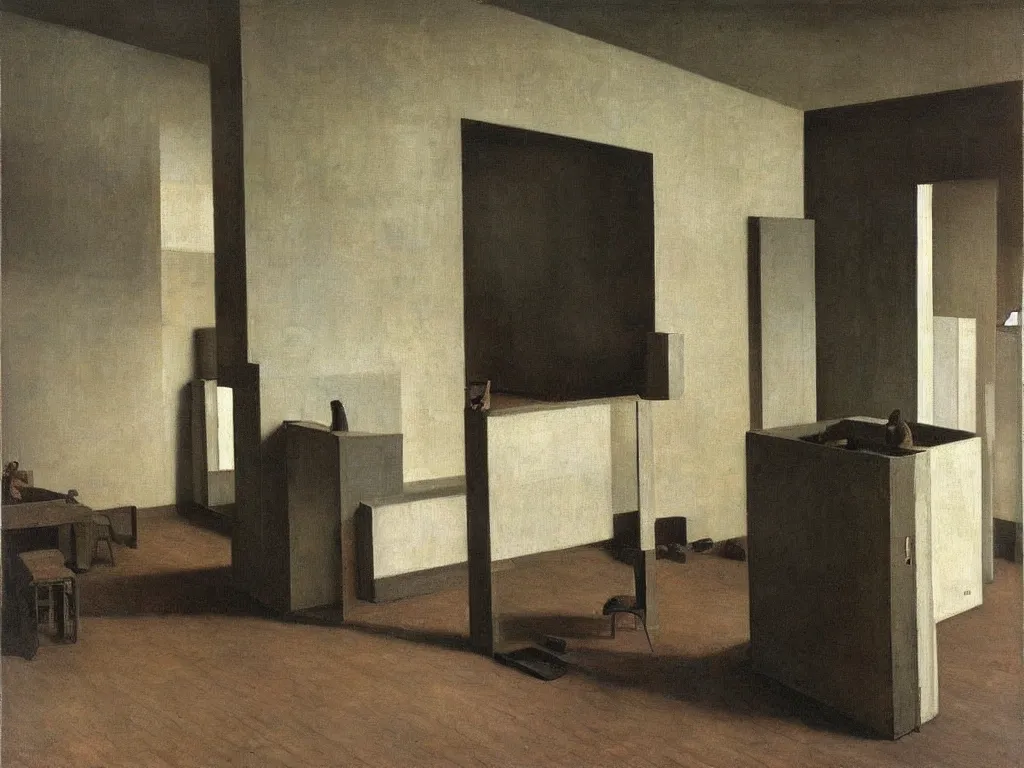 Image similar to Brutalist interior of an crazy imaginative sculptor studio. Painting by Vilhelm Hammershoi, Rene Magritte, Caravaggio