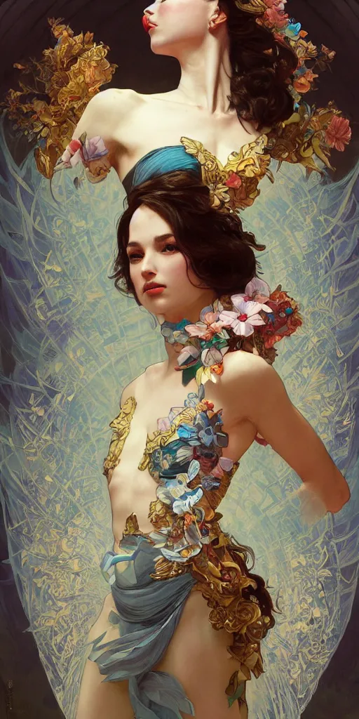 Prompt: portrait of freedom, ethereal, expressive pose, acrobatic, rainbow eyes, ornate frilly dress, fantasy, intricate, elegant, highly detailed, digital painting, artstation, concept art, smooth, sharp focus, illustration, art by artgerm and greg rutkowski and alphonse mucha