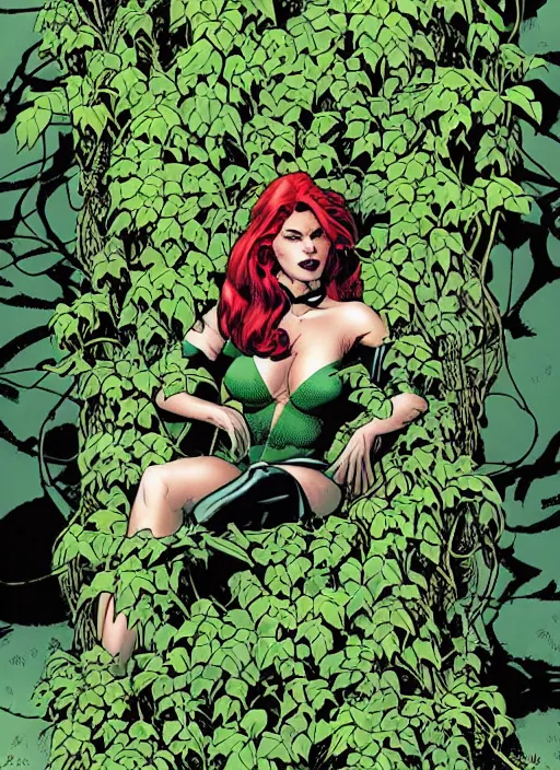 Image similar to dc comics poison ivy character sitting in a throne made of vines and trees art by frank cho, joe chiodo, bruce timm