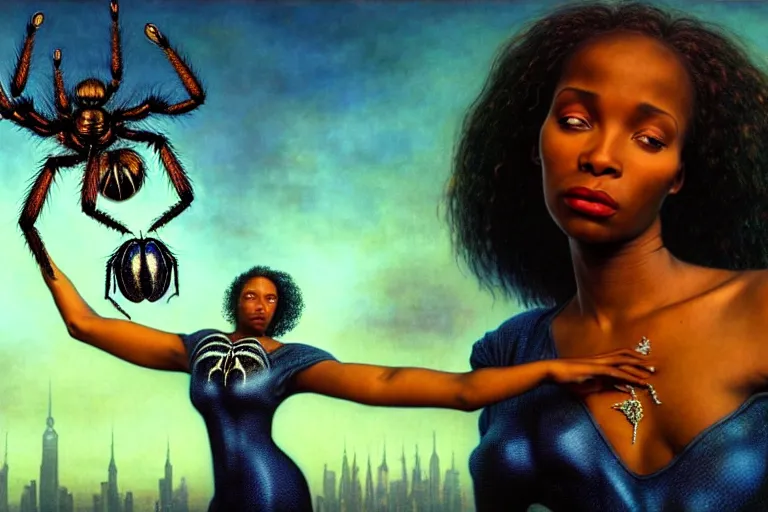 Prompt: realistic detailed photorealistic film portrait shot of a beautiful black woman with a giant spider, sci - fi city landscape background by denis villeneuve, amano, yves tanguy, alphonse mucha, ernst haeckel, andrei tarkovsky, edward robert hughes, roger dean, necklace, dynamic pose, rich moody colours, wide angle, blue eyes