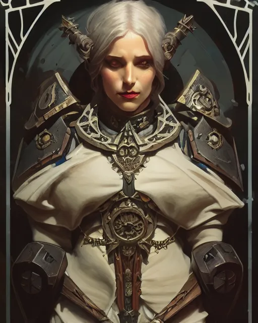 Prompt: a warhammer 40k inquisitor, art nouveau, D&D, fantasy, intricate, elegant, highly detailed, digital painting, artstation, concept art, matte, sharp focus, illustration, hearthstone, art by Artgerm and Greg Rutkowski and Alphonse Mucha