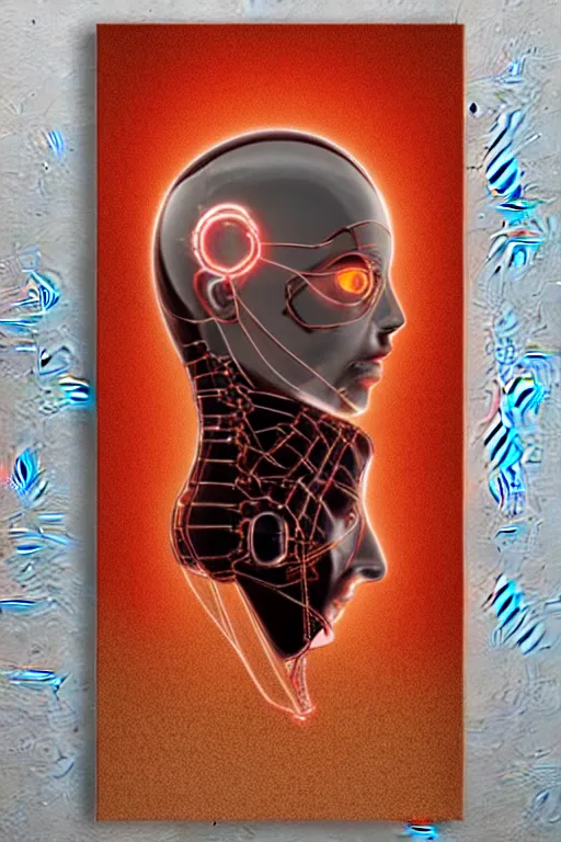 Image similar to organic cyborg head wrapped in plastic wire by pixar, centered, symmetrical, cinematic lighting, gold and red, bilateral symmetry, 80s poster, polished, thick smoke, retro dark vintage sci-fi, 2D matte illustration