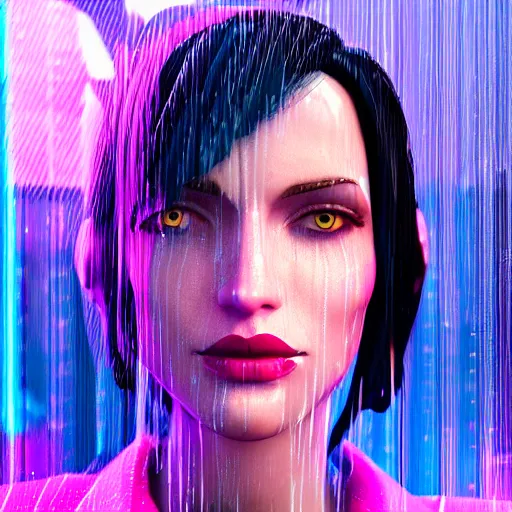 Image similar to cinematic, cartoon women portrait made out of rain, pinstripe suit, short hair, cyberpunk background, rendered in octane, unreal engine, highly detailed, trending on artstation, realistic, neon, beautiful