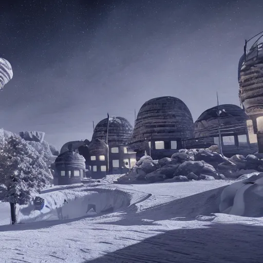 Image similar to a snowy village on the moon, 8 k, highly detailed, unreal engine render