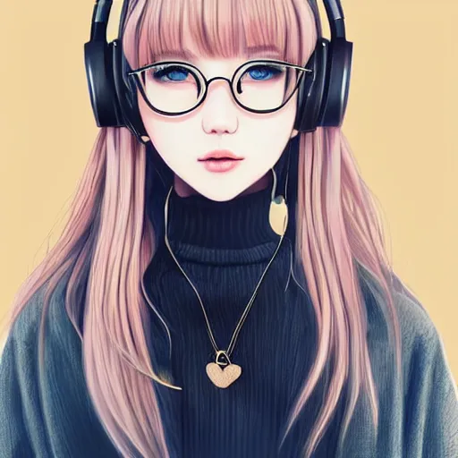 Prompt: realistic beautiful gorgeous natural cute Blackpink Lalisa Manoban blonde hair cute fur blonde cat ears, wearing headphones. wearing black leather choker, wearing glack glasses, in sweaters outfit golden eyes artwork drawn full HD 4K highest quality in artstyle by professional artists WLOP, Taejune Kim, Guweiz, ArtGerm on Artstation Pixiv