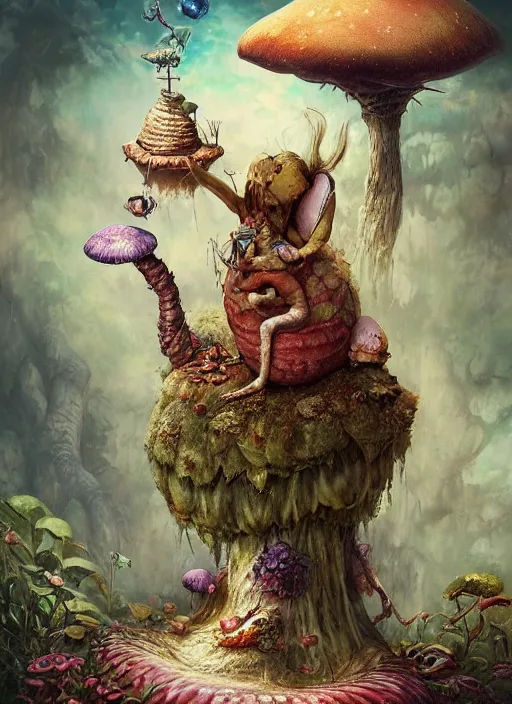 Prompt: Alice in Wonderland giant catepillar smoking a water pipe sitting on a giant mushroom,highly detailed,cinematic,Tarot card,8k,by Stanley Artgermm,Tom Bagshaw,Greg Rutkowski,Carne Griffiths, Ayami Kojima, Beksinski, Giger,trending on DeviantArt,hyper detailed,horror, full of colour