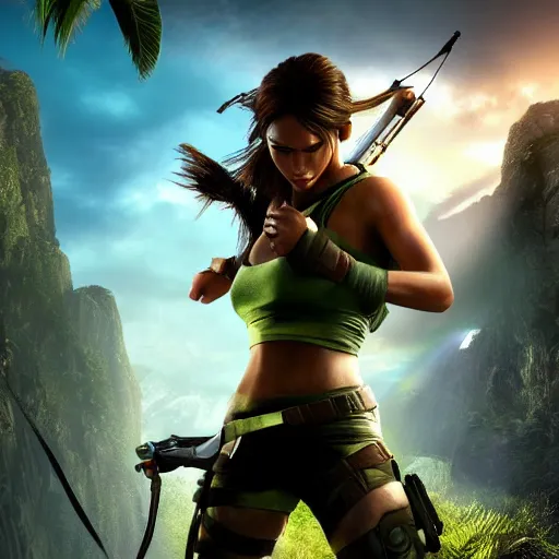 Image similar to dew, dew covers lara croft's face, focus on her face, sunlight, bloom effect