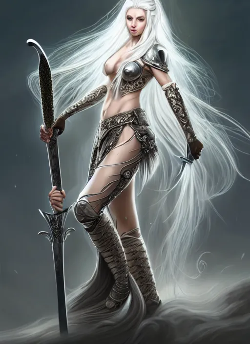 Image similar to full body painting of a woman with flowing luscious glowing white hair standing whilst holding a sword, wearing intricate plate - armor and leather underneath. intricate, elegant, highly detailed, digital painting, artstation, concept art, smooth, sharp focus, illustration, by terry wei, qiu fang, tooth wu, kan liu, siwoo kim, jisu choe