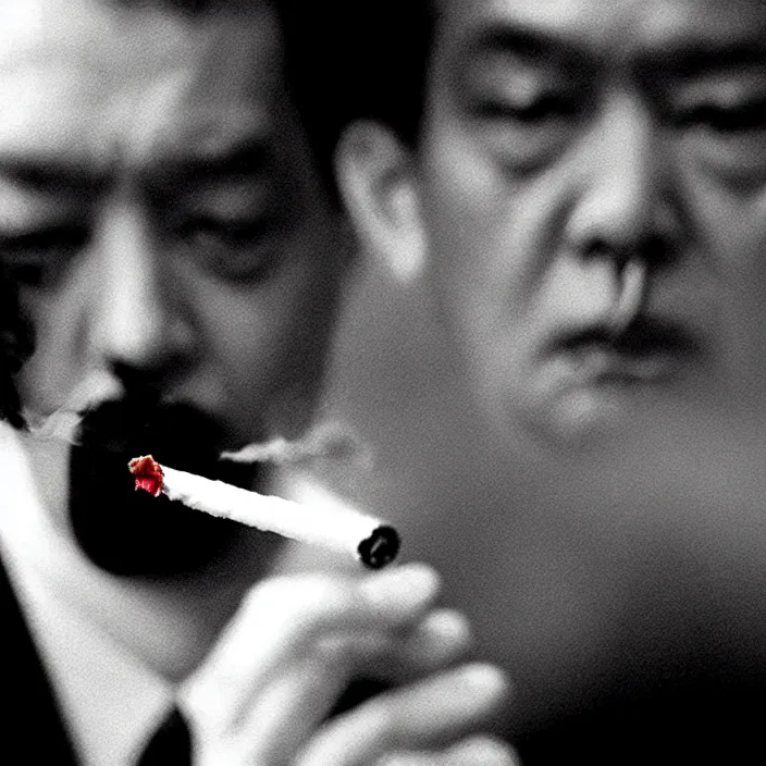 Prompt: trump smoking alone by wong kar wai