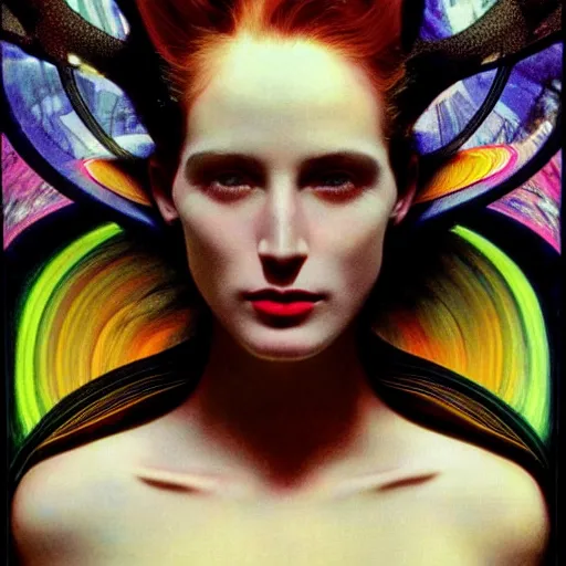 Image similar to extremely beautiful futuristic super schizophrenic psychotic prismatic superhuman, lush detail, national geographic, steichen, herb ritts, roger deakins, anne leibovitz, alphonse mucha, art deco, sharp focus, hyperrealism, greg rutkowski, psychosis, beautiful psychotic radiant madwoman, super schizophrenic superhuman, beeple, volumetric light