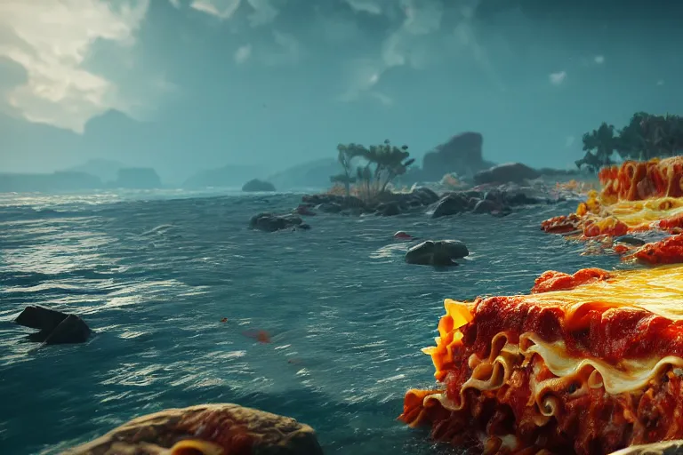 Image similar to the sea made of Lasagna, wide angle, photorealistic, cinematic lighting, high detail, cinematic feel, high octane, 4K, Unreal Engine