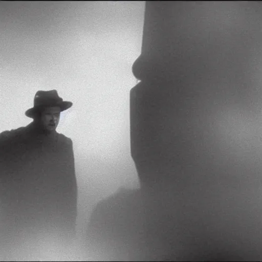 Prompt: a man in the fog and a giant starfish monster emerging above, 1950s Korean film noir in the style of Orson Welles and Ishirō Honda, ambient