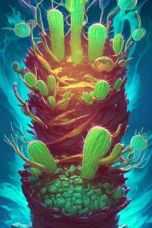 Image similar to roots cactus sushi cristal smurf ghost creature animal sushi cristal very big eye roots cactus elemental flush of force nature micro world fluo fishscale, behance hd by jesper ejsing, by rhads, makoto shinkai and lois van baarle, ilya kuvshinov, rossdraws radiating a glowing aura global illumination ray tracing hdr