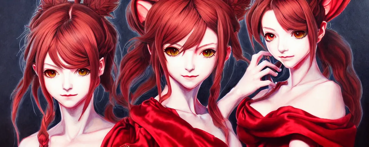 Image similar to a portrait of catgirl wearing red silk dress an ultrafine detailed painting, detailed painting, detailed eyes!!, final fantasy octopath traveler ghibly