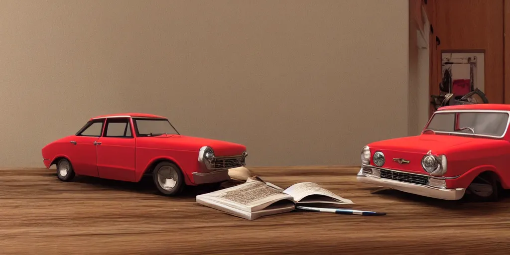 Image similar to a small miniature of a red Chevrolet Opala near a book and a pencil on a wooden table, hyperrealistic, concept art, octane render, unreal engine 5, path tracing, complementary colours, high quality, highly detailed, 4K, symmetrical, low contrast, centered, house interior background