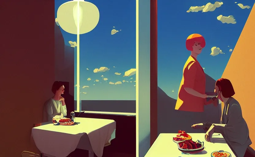 Image similar to eating in heaven, surreal illustration, by atey ghailan and escher and edward hopper,