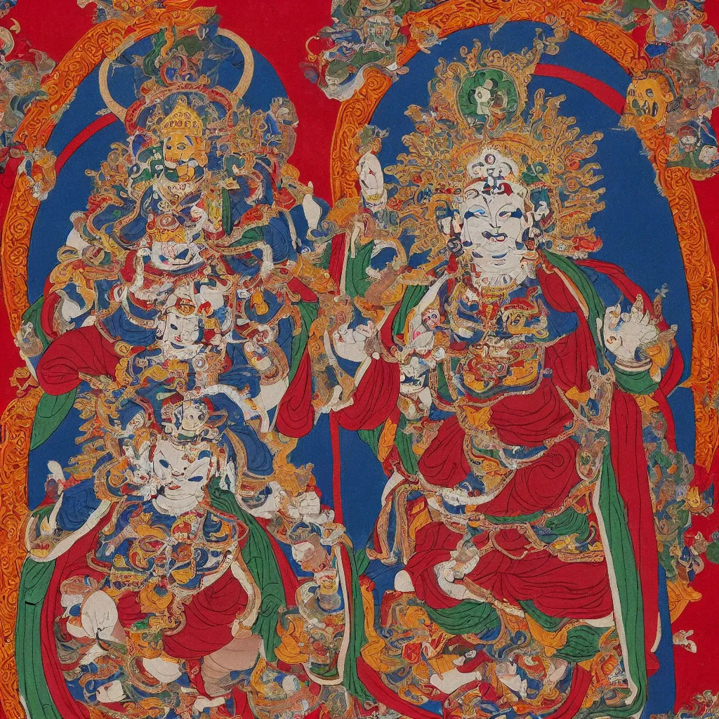 Image similar to mahakala tibetan deity as the mad drunk french philosopher foucault, tibetan thangka