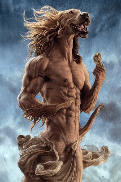 Image similar to Dog as a god, detailed face, gorgeous, amazing, flowing hair, very muscular male body, partial anatomy, stormy background, crepuscular ray, intricate, highly detailed, 8K, digital painting, fantasy, artstation, concept art, sharp focus, over-shoulder shot, illustration, art by Wayne Barlowe, hajime Sorayama alphonse mucha