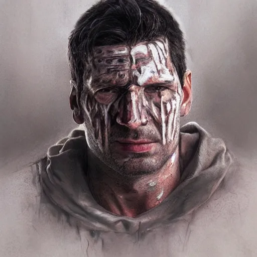 Prompt: sad portrait of frank castle the punisher, bruised, face paint, intricate, elegant, highly detailed, centered, grungy, digital painting, artstation, concept art, smooth, sharp focus, illustration, artgerm, tomasz alen kopera, artstation, boris vallejo