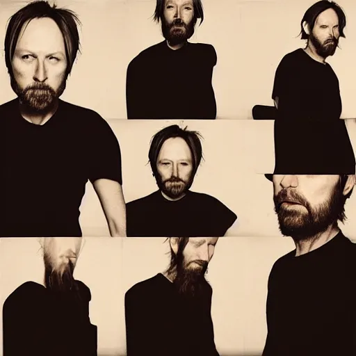 Image similar to Radiohead, with a beard and a black shirt, a computer rendering by Martin Schoeller, cgsociety, de stijl, uhd image, tintype photograph, studio portrait, 1990s, calotype