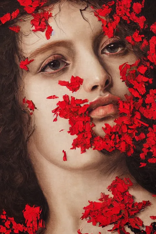 Prompt: hyperrealism close - up mythological portrait of an exquisite medieval woman's shattered face partially made of scarlet flowers in style of classicism, wearing black silk hood, dark palette
