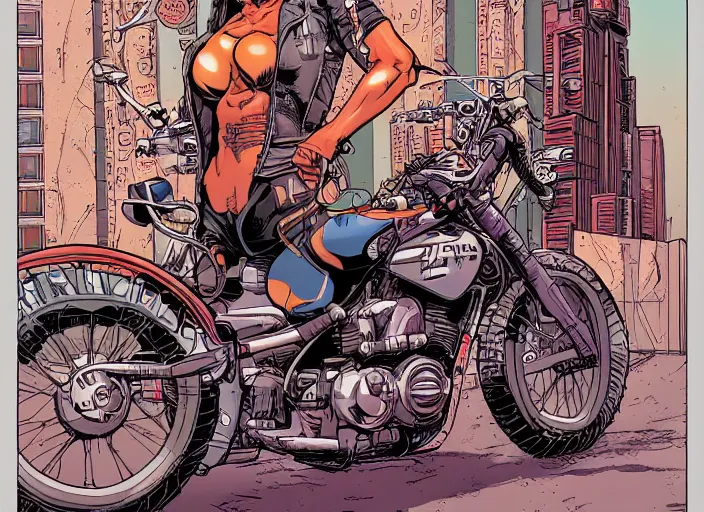 Prompt: a comic book portrait of a female fitness model biker in a cyberpunk city art by Geof Darrow,highly detailed artstation character concept art, full length character, sharp focus