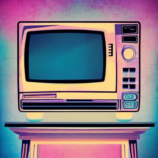 Prompt: vaporwave retro poster with old TV-set, telephone and laptop