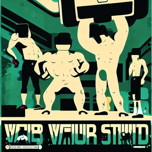 Image similar to wrestlers wearing vr headsets, vr goggles, shrugging, shrugging arms, tap out, fight club, tapping out, minimalistic, trending on art station, poster art by tom whaldon