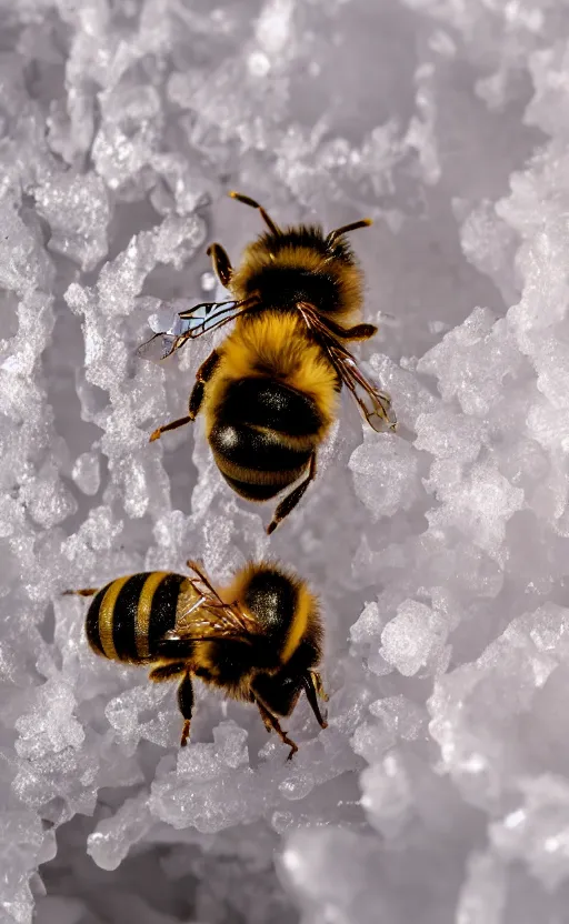 Image similar to a bee and a flower entrapped under a layer of ice, beautiful macro photography, ambient light