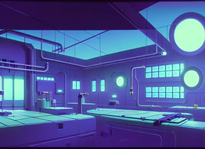 Image similar to a matte painting of a vast sci - fi lab, vaporwave aesthetic, toei animation background, sharp details, cinematic color grading, spooky, halloween