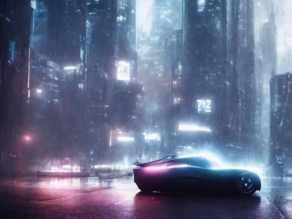 Image similar to film still of a Futuristic supercar on wet city streets, mist, volumetric lighting, octane, cyberpunk