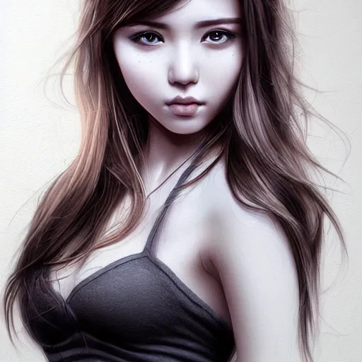 Image similar to a beautiful detailed portrait of young woman, by artgerm, little shy, beautiful eyes, long hair, high details