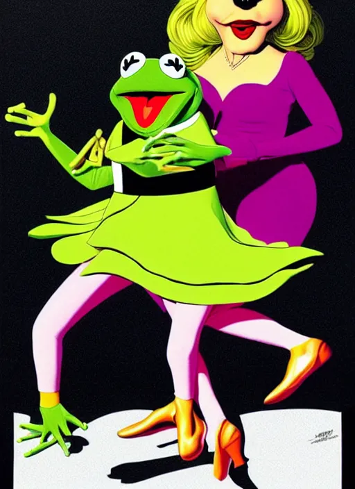 Image similar to poster artwork by Michael Whelan and Tomer Hanuka of Kermit the Frog and Miss Piggy doing the twist dance scene from the movie Pulp Fiction, pop art poster, black and white realistic photo, poster artwork by Michael Whelan and Tomer Hanuka