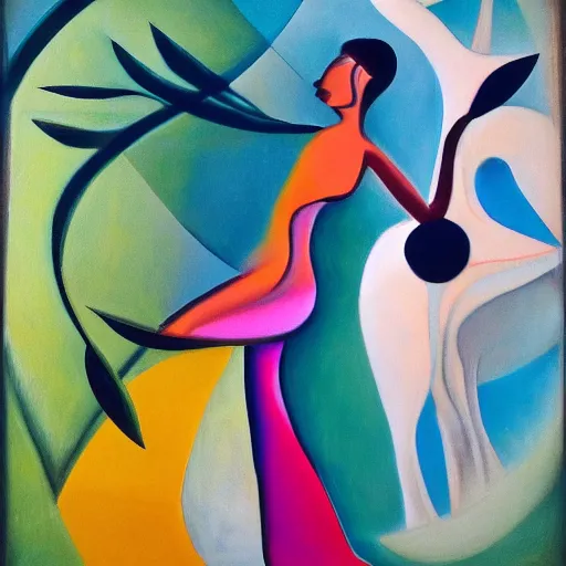 Prompt: woman dances by a river to the rhythm of the water and the wind blows in the trees, abstract art in the style of cubism and Georgia o keefe,