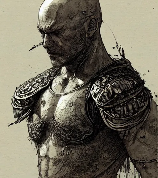 Prompt: portrait of strong bald man with burn scars in scale armor, pen and ink, intricate line drawings, by craig mullins, ruan jia, kentaro miura, greg rutkowski, loundraw