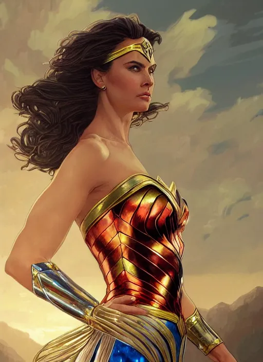 Image similar to Donald Trump as wonder woman, fantasy, intricate, elegant, highly detailed, digital painting, artstation, concept art, smooth, sharp focus, illustration, art by artgerm and greg rutkowski and alphonse mucha