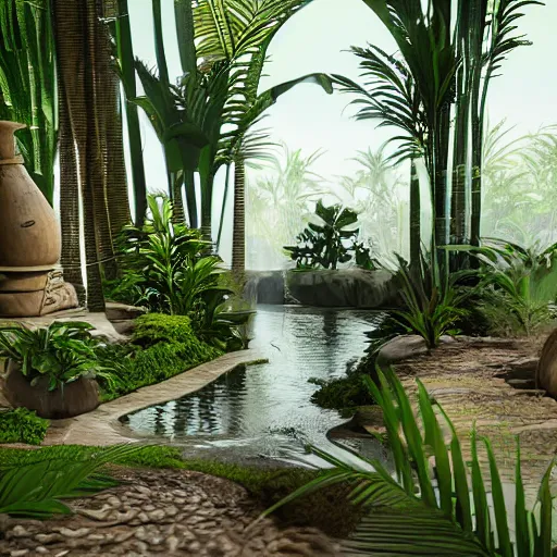 Prompt: waterfall,plants and palms in a ancient egyptian interior,3d render unreal engine