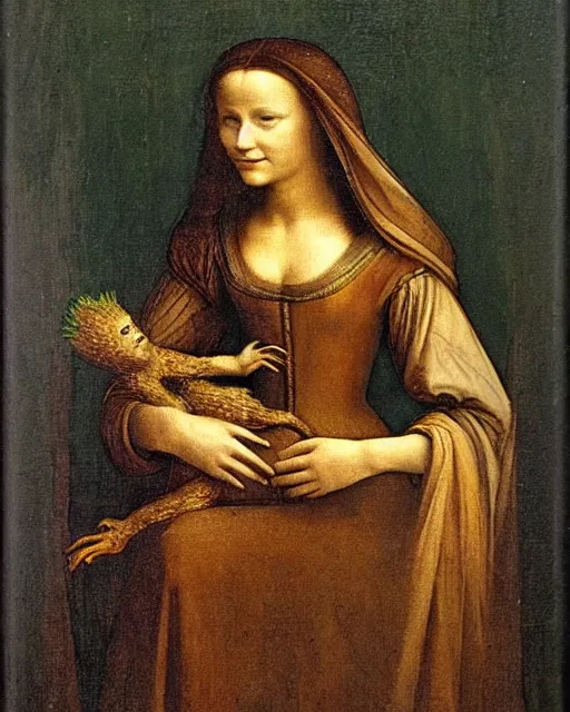 Prompt: a oil painting of lady with an groot, by leonardo da vinci.