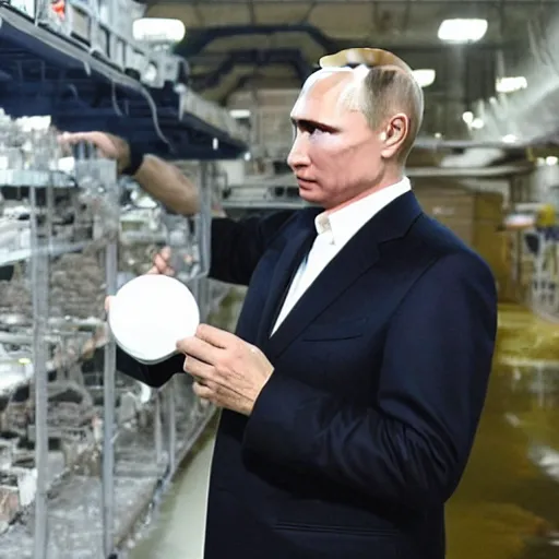 Image similar to vladimir putin inspecting the quality of soap in a soap factory