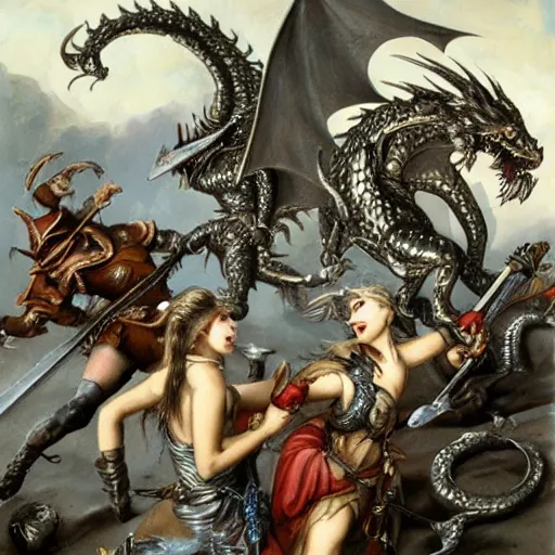 Prompt: woman barbarians slaying a silver dragon