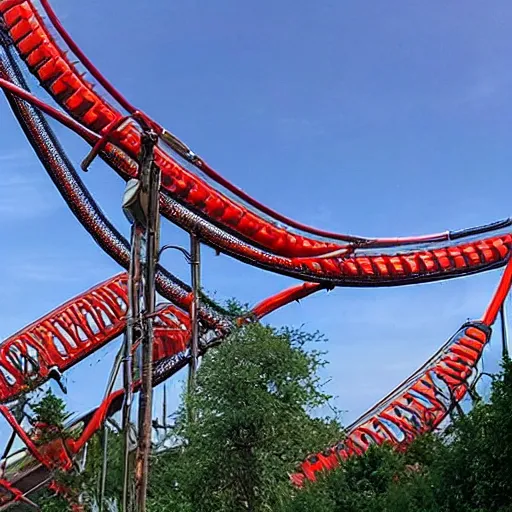 Image similar to go pro still of a rollercoaster with a mangled track up ahead