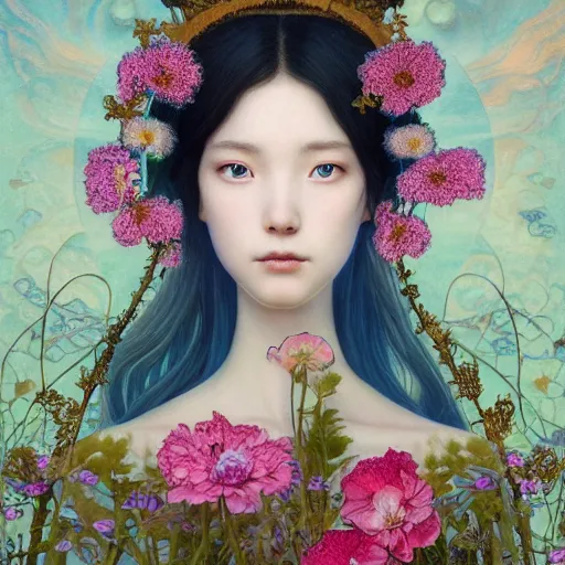 Image similar to breathtaking detailed concept art painting of the goddess of nemophila flowers, orthodox saint, with anxious, piercing eyes, ornate background, amalgamation of leaves and flowers, by Hsiao-Ron Cheng, James jean, Miho Hirano, Hayao Miyazaki, extremely moody lighting, 8K