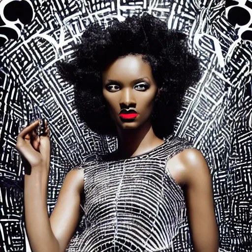 Prompt: Close up of a beautiful black female fashion model with huge hair wearing a black robotic dress, in art-deco black marble hall ,vogue magazine editorial