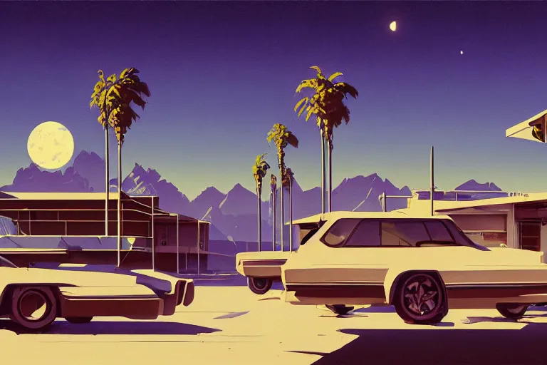 Prompt: broken robot | abandoned motel | palm trees | snowy mountains | moon in sky, painting by syd mead and weta studio and moebius and james jean and frank frazetta, highly detailed, rule of third, soft lighting, architectural magazine, beautiful detailed, insanely intricate details, artstation trending, hypermaximalistic, high details, cinematic