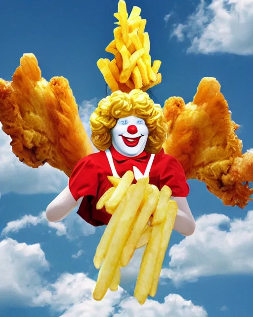 Prompt: ronald mcdonald as an angel ascending into the gates of heaven with french fries wings, an onion ring around his head, sunbeams, clouds, chicken nuggets flying in the sky