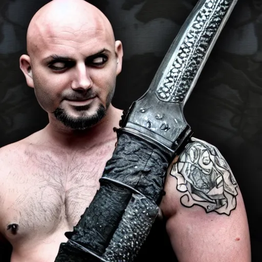 Prompt: muscular bald man, sword in hands, tattooed body, HD, anime,