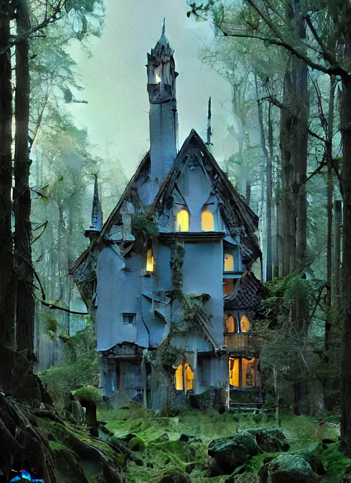 Image similar to hyper realistic witchy modern gothic house with mood lighting and tech in the woods gorgeous lighting, sunbeams blue sky, highly detailed, lush forest foliage painting by zdzisław beksinski and norman rockwell and greg rutkowski weta studio, and lucasfilm