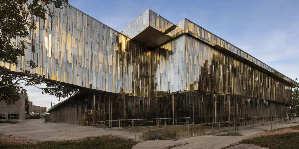 Prompt: wide angle photo of brutalist building made from reflective nickel chrome with copper and gold. highly reflective and shiny. frank loyde wright